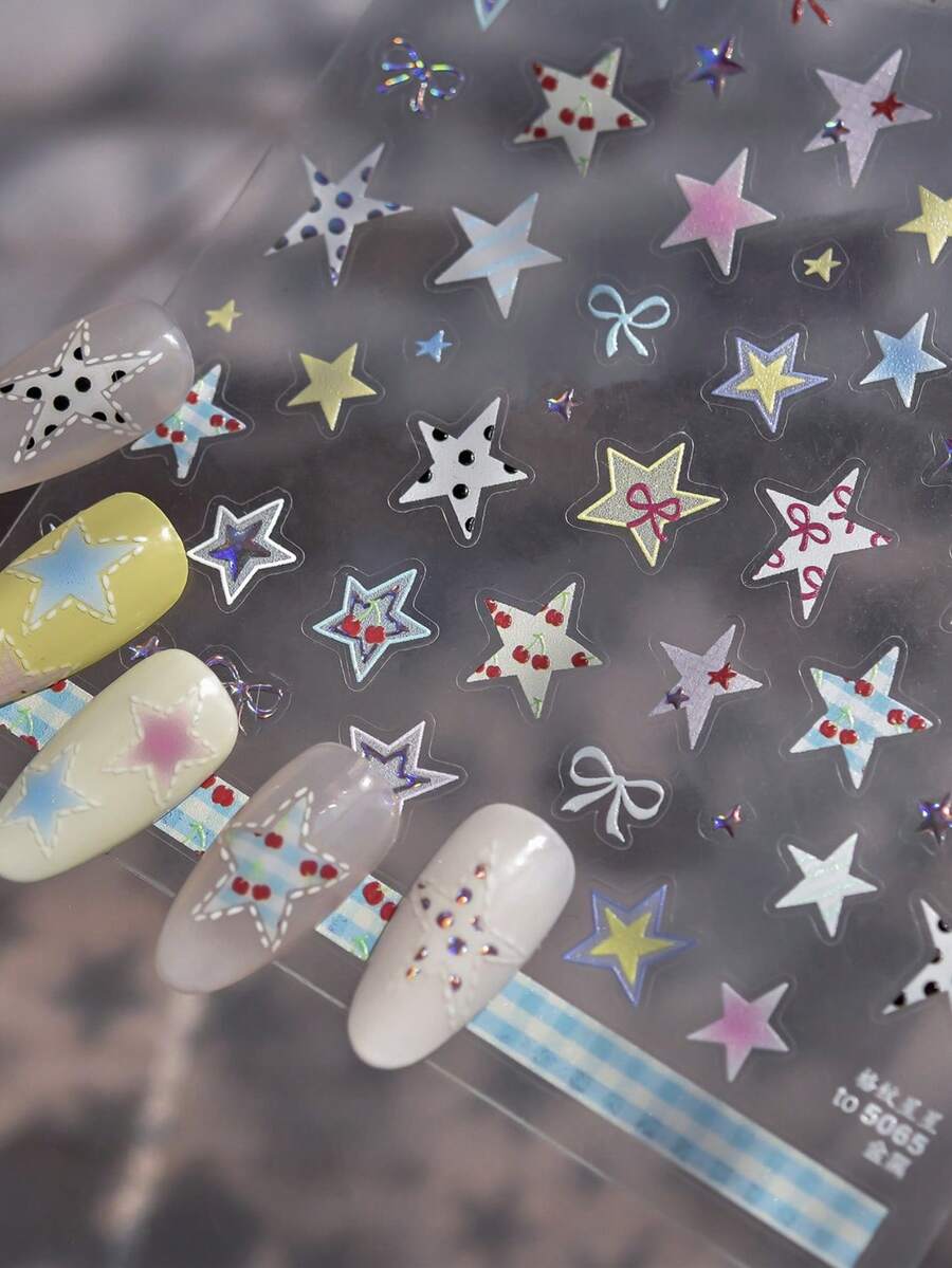 1张5D极简透明美甲贴纸，格子星星装饰贴纸，激光彩色星爆美甲贴纸 - 彩色 - 查看 1