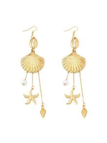 1 par de pendientes colgantes de verano con estilo oceánico, con forma de estrella de mar, concha, perla, caracol y cangrejo de metal dorado, adecuados para atuendos diarios y de vacaciones de mujeres - Amarillo Oro - Ver 5