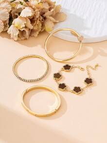 4pcs Luxurious Elegant Refined Sparkling Brown Sweet Clover & White Clover Bracelet Set For Women - Brown - View 4