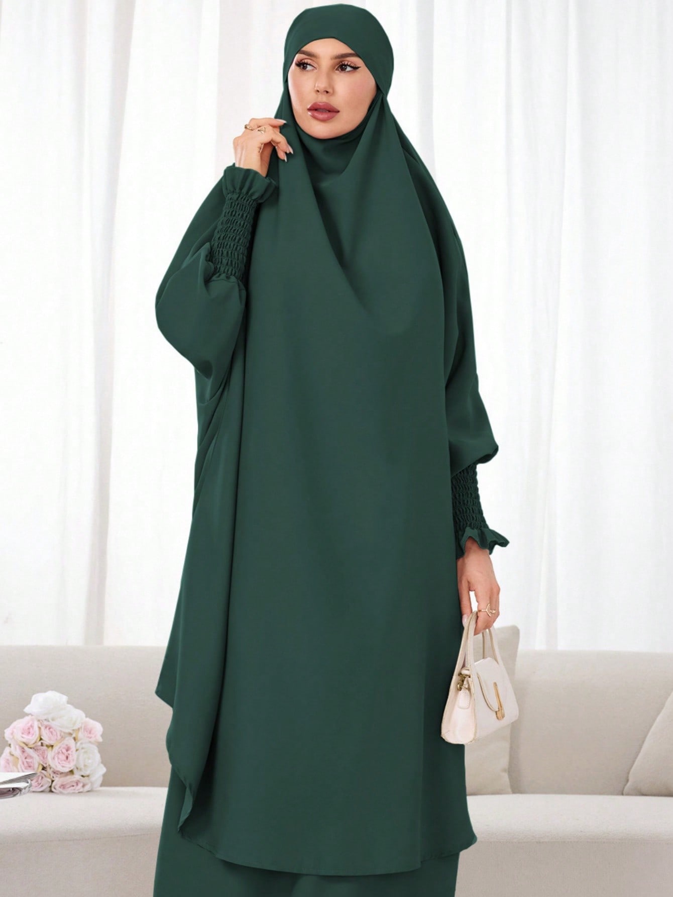 مجموعة فستان صلاة للمرأة المسلمة 2 قطعة، عباءة فضف...