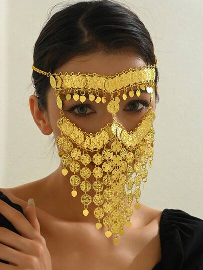 1pc Middle Eastern Style Tassel Face Veil, Exotic Women's Face Mask Coin Necklace, Performance Festival Party Decor