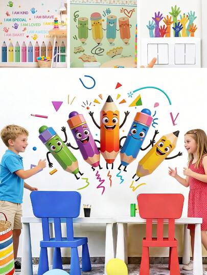 BRUP 1/2 Sheets/Set Cartoon Colored Pencil Wall Stickers,With Happy Faces For Playful Learning,Educational Decals For Toddler Playroom Nursery Learning Corne, Removable Peel And Stick, Whimsical Educational Theme Art