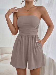Women Summer Romper Strapless Tube Ruffle Boho Loose Shorts Jumpsuits Pockets Casual Daily Spring Holiday Beach Vacation Airport Outfits - Màu Khaki Mơ - Xem 5