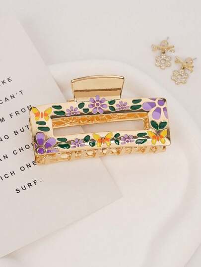 1个欧美新款粉色花朵锌合金方形发夹，适合旅行和日常佩戴，清新甜美。