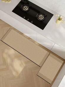 1pc Silica Gel Kitchen Mat, Woven Linen-Like Pattern On Light Beige Base, Subtle Crosshatch Texture, Narrow Solid Trim, Rustic Natural Yet Modern Minimalist Aesthetic, Surface Fabric, Middle Sponge Absorbent, Bottom Rubber Non-Slip Waterproof Kitchen Rug - Multicolor - View 2