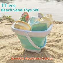 11pcs Kids Beach Toy Set - Foldable Bucket (Green/Orange) With Shovel, Star/Animal Shaped Molds (Turtle/Crab), Sieve And Rake, Random Accessory Colors, Sand And Water Play Tools, Outdoor Travel, Early Learning Beach Toys, Suitable For Girls Boys Birthday/Holiday/Summer/Beach Holiday Gift - Multicolor - View 13