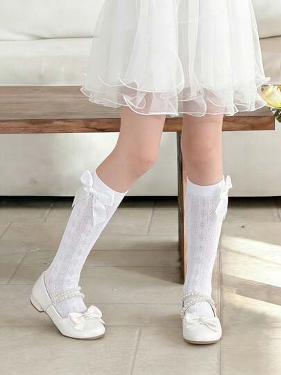 1/2 Pairs Girls Bowknot Mid-Calf Socks, Spring/Summer Breathable Mesh Versatile Girls Socks, Sweet Style, Suitable For Daily Wear