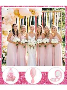 24pcs Pink Party Gift Set, Including 6 Mirrors, 6 Combs, 6 Headbands And 6 Mesh Bags. Suitable For Wedding Party Gifts, Valentine's Day Elastic Headbands, Mirrors, Hair Brushes, Mesh Gift Bags, Wedding Hair Accessories, As Well As Engagement Parties, Wedding Favors - 多色 - 查看 3