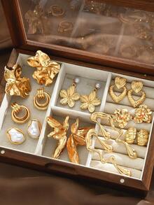 6pcs Fashion Minimalist Elegant Faux Pearl Flower, Heart, Irregular Geometric Liquid Gold Metal Stud Earrings Set, Suitable For Women's Holiday, Party, Banquet, Festival, Birthday, Daily Wear - Yellow Gold - View 3