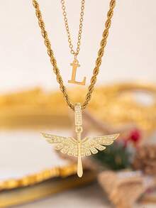 2pcs/Set New Fashion Cross Wing Pendant & 26 Letter Pendant Necklace, Stainless Steel Chain Suitable For Women's Daily, Party, Vacation Wear - Yellow Gold - View 29