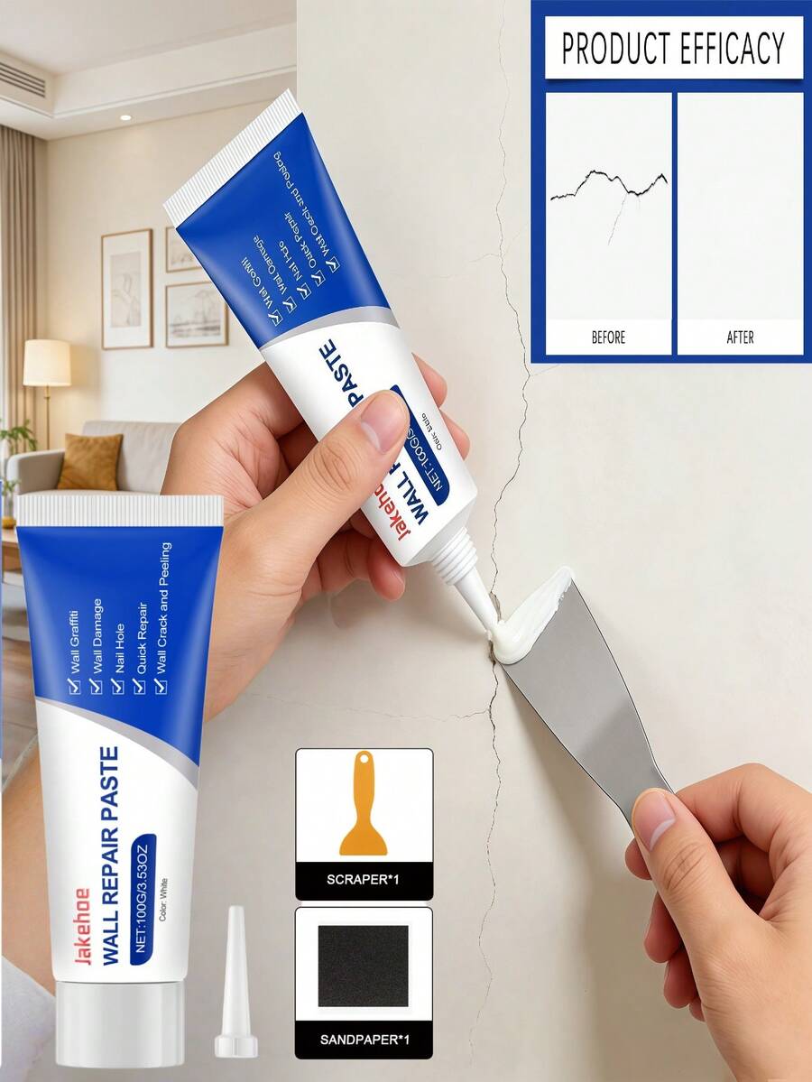 jakehoe Wall Repair Paste, White Home Putty, Nail Hole Filler, Wall Stain Covering Cleaner. Wall Crack Repair Agent, Wall Scratch, Dent, Crack, Nail Hole, Drywall Repair Kit, Wall Repair Supplies, Graffiti Removal. (Random Delivery Of New And Old Models) Includes Scraper And Sandpaper