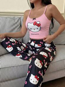 SANRIO 2件/組 女款可愛印花舒適細肩帶上衣 + 長褲套裝，背心細肩帶上衣舒適適用於春、夏、秋季 - 粉色 - 查看 4