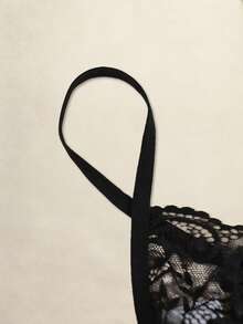 Men's Floral Lace Thong Underwear, Sexy Sheer Briefs With Bow Tie Neck Accessory - Black - View 5