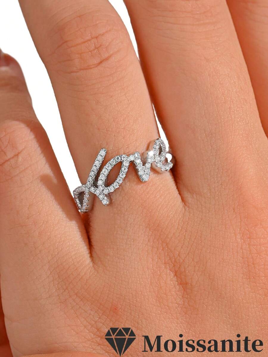 1pc S925 Sterling Silver 0.313CT Moissanite Love Letter Design Ring, Wedding/Engagement/Daily Wear Gift For Women - Multicolor - View 1
