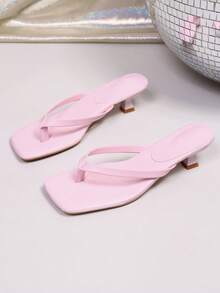 柔软皮革方头宽带凉拖鞋，猫跟人字拖，百搭细高跟人字拖女鞋 - 粉色 - 查看 3