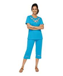 Women Short Sleeves Embroidered Cotton Blend Lounge Wear  Sets - 水族 - 查看 1