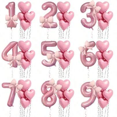 7pcs Pink Number Balloon Set, Heart Balloon And Bow, Soft Tone Numbers 1-3, Suitable For Baby Shower Decor, Girl's Birthday Party, Christening, Baby Shower, 1-9 (Birthday, Anniversary) Party Supplies, Number Balloons, Foil Balloons, Valentine's Day Wedding Mother's Day Decor