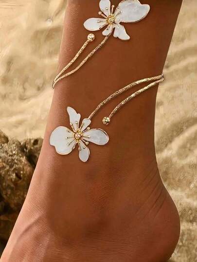 1pc Adjustable Floral Anklet With Geometric Design - Elegant Open Cuf Foot Chain Jewelry For Daily Wear, Parties & Holidays, Al-Season Comfort, Party Accessory Floral Pattern | Adiustable Ankle Jewelry, Anklets For Women Daily Wear Party Jewelry Gifts