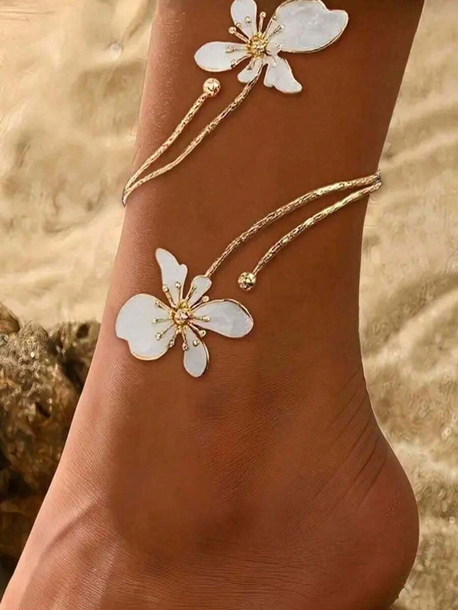 1pc Adjustable Floral & Geometric Pattern Elegant Anklet - Suitable For Daily Wear, Parties And Holidays, Comfortable All Seasons, Floral Pattern Party Accessory | Adjustable Anklet, Women's Daily Wear Party Jewelry Gift - White - View 1
