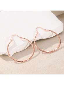 1 Pair Classic Minimalist Handcrafted Hammered Texture Round Hoop Earrings, Vintage Everyday & Party Accessory For Women - Rose Gold - View 4