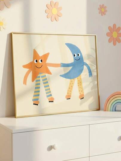 1pc, Canvas Wall Art, Framed Wall Decor, Star And Moon Theme Children's Room Decorative Painting, Whimsical Illustration, Playroom Decor, Girl's Room Wall Art, Boy's Room Wall Painting, Baby Products, Nursery Poster, Suitable For Children's Room Decor, Playroom Decor, Waterproof. Children's Room Decor, Nursery Decor, Daycare Center Decor, Preschool Decor