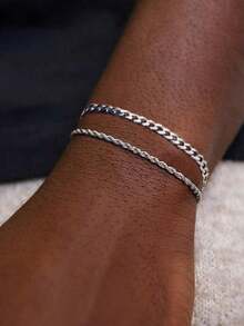 2pcs/Set Stainless Steel Chain Bracelet, Men's Simple & Stylish Vacation-Fashion Accessory, Birthday Gift - Gold - View 1