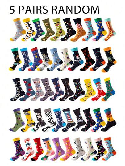 5 Pairs Random Cartoon, Food, Space Print Contrast Color Breathable Odor-Resistant Mid-Calf Socks For Men, Soft & Comfortable, Novelty & Fun, Ideal Gift For Father, Grandfather, Husband, Boyfriend On Occasions Like Halloween, Christmas, Birthday. Also Best Father's Day Gift For Daughter, Wife, Son, Girlfriend, Essential For Autumn.