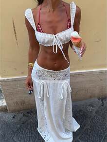 Women's White Lace Two-Piece Set, Ruched Crop Top High-Waisted Maxi Skirt, Boho Sheer Cover-Up For Beach Vacation, Brunch, Y2K Fashion - trắng - Xem 1