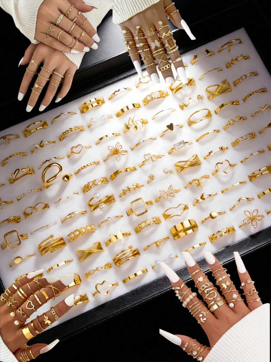 22 piezas/lote Anillos de niñas con diseño de corazón y amor, estilo elegante y geométrico hueco, accesorios de joyería de estilo multielemental para uso diario y regalos de fiesta - Juego de anillos para mujer - Ver 1