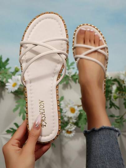 Beige Flat Sandals With Tassel Strap Decor, Round Toe Slip-On Beach Slippers, Women's Summer New Casual Elegant Flat Sandals