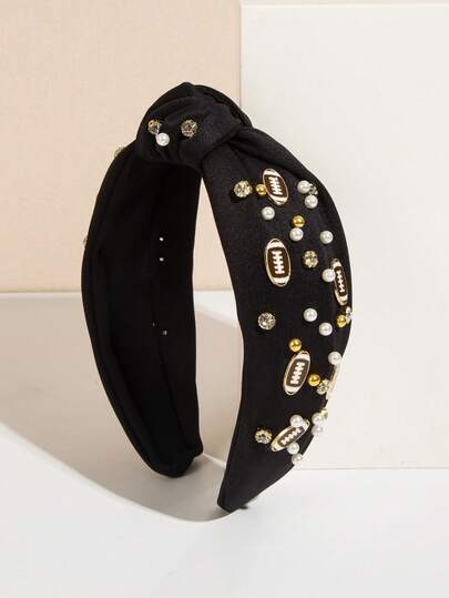 1 st. brett knutet pärlhårband i koreansk stil, sportinspirerad fotbollsdesign, svart håraccessoar