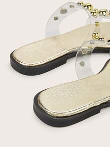 Square Toe Open Toe PVC T-Strap Slides Punk Metal Rivet Slip-On Flat Sandals Beach Shoes - Gold - View 4