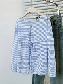 Backless Tie Strap Blue Striped Long Sleeve Casual Loose Thin Blouse - Blue - View 7