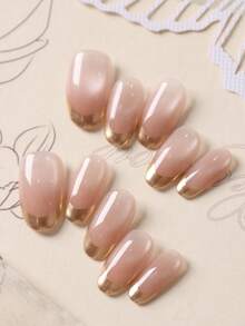 10pcs Acrylic Press On Nails Golden French Cat's Eye Press On Short Nails Fake Nails Office DailyWear False Nails Artificial Nails Kit Includes 1sheet Adhesive Tabs &1 Pc Mini File - Multicolor - View 3