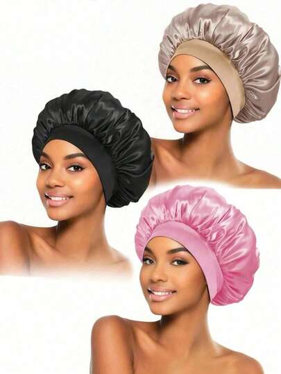 1/2 Set Silk Sleep Cap, Satin Hair Cap With Soft Elastic Band, Suitable For Curly Hair, Solid Color Satin Sleep Cap, Women's Elastic Wide-Brim Design, Comfortable And Breathable Hair Care Cap, Essential For Back To School Season Hair Sleep Cap Sleep Bonnet