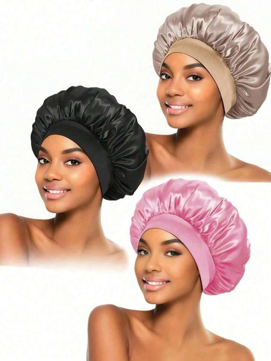 1/2pcs Silk Sleep Cap, Soft Elastic Satin Sleep Hat, Suitable For Curly Hair, Solid Color Satin Sleep Cap, Wide-Brim Design For Women, Comfortable Breathable Hair Care Cap, Suitable For Back-To-School Sleep Cap Bonnet For Women,Summer,Beach - Multicolor - View 1