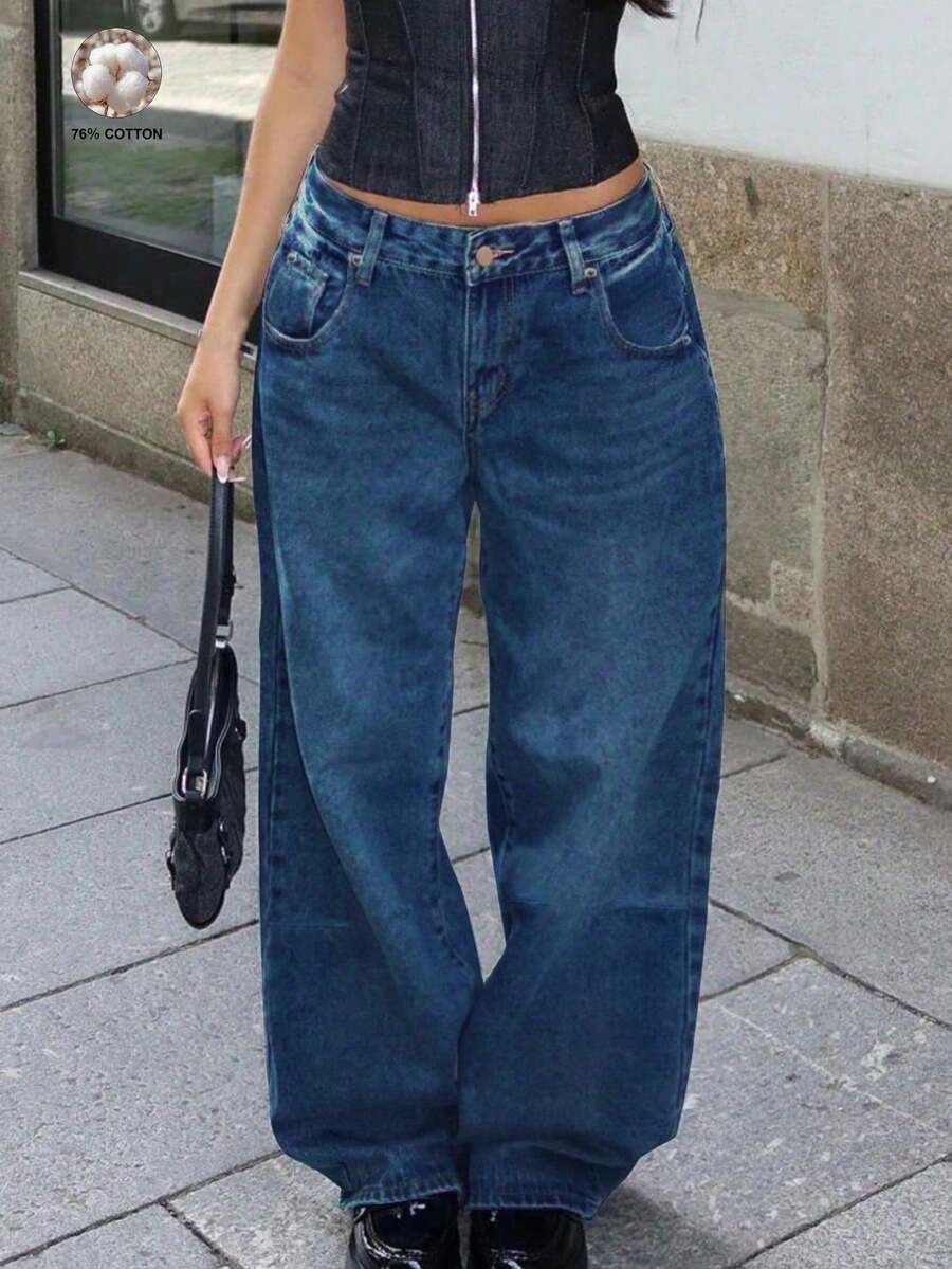 Women's High Waist Casual Y2k Streetwear Baggy Distressed Vintage Washed Wide Leg Jeans - Rửa tối - Xem 1