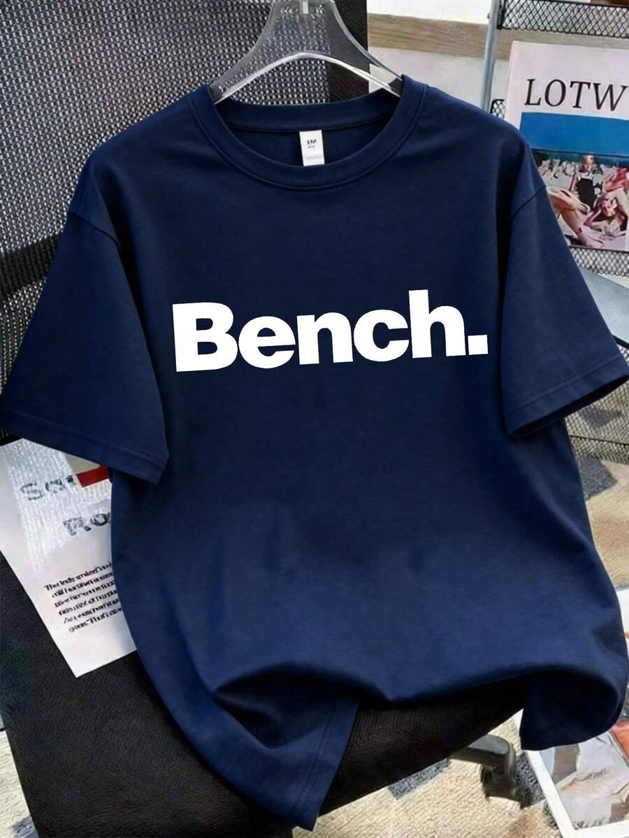 Casual Minimalist Letter Print Oversized Short Sleeve T-Shirt, Suitable For Summer Daily Wear, Boys' Style - Navy Blue - View 1