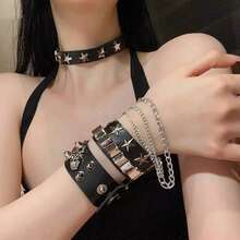 2 pièces Ensemble de bracelets style punk avec rivets, crâne et étoile, bracelet à boucle cloutée pour Halloween, décoratif en PU - Noir - Voir 6