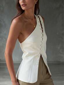 Áo nữ không tay dáng bất đối xứng - Màu trắng ôm sát, cài cúc phía trước, áo mùa hè đi biển, áo công sở thiết yếu, có thể giặt máy, kiểu dáng đa năng dễ phối đồ từ thường ngày đến bán trang trọng. - trắng - Xem 3