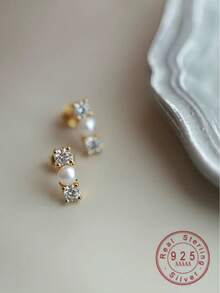 1 Pair Fashionable Retro Gentle Elegant Versatile 925 Sterling Silver Faux Pearl Inlaid Zirconia Elegant Versatile Earrings, Student Gift For Women, New Arrival - Pearl 1 - View 1