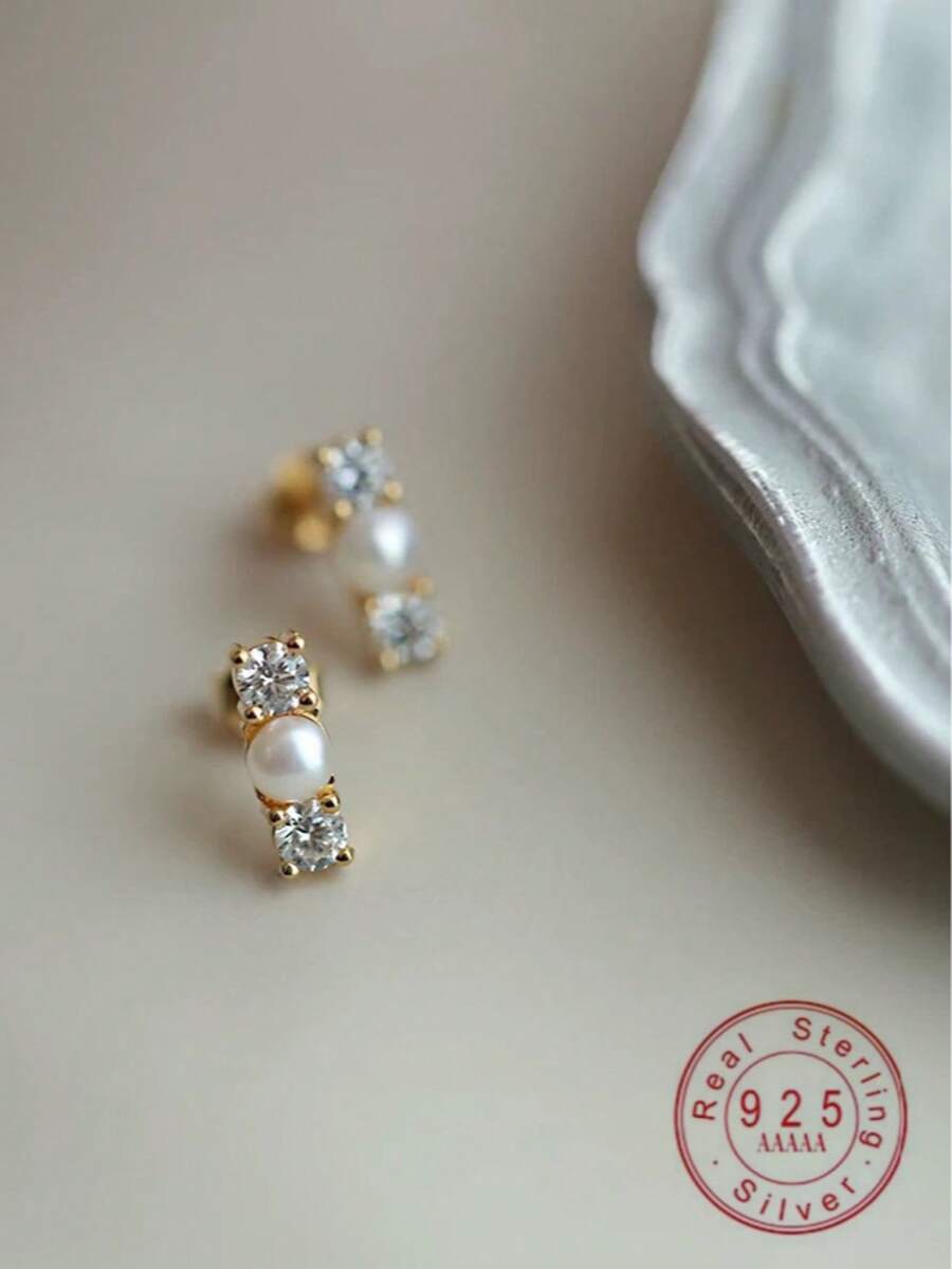 1 Pair Fashionable Retro Gentle Elegant Versatile 925 Sterling Silver Faux Pearl Inlaid Zirconia Elegant Versatile Earrings, Student Gift For Women, New Arrival - Pearl 1 - View 1
