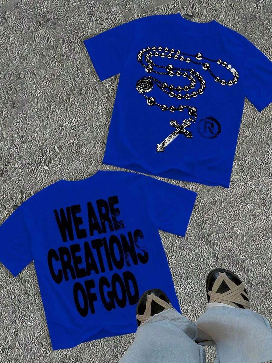 Unisex "We Are Creations Of God" Graphic T-Shirt, Double-Sided Rosary Cross Print 220G Cotton Y2K Streetwear Tee Y2K Dark Aesthetic Tee Breathable & Comfortable Cotton - 藍色 - 查看 1