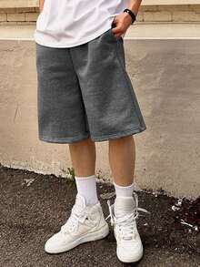 2件裝青少年男孩戶外休閒時尚極簡純色高街百慕達短褲 - 深灰色 - 查看 3