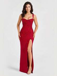 Elegant Red Long Applique High Slit Dress, Women's Sleeveless Spaghetti Strap Knit Pencil Skirt, High Stretch Fabric, Creates Charming Evening Party Look - Red - View 3