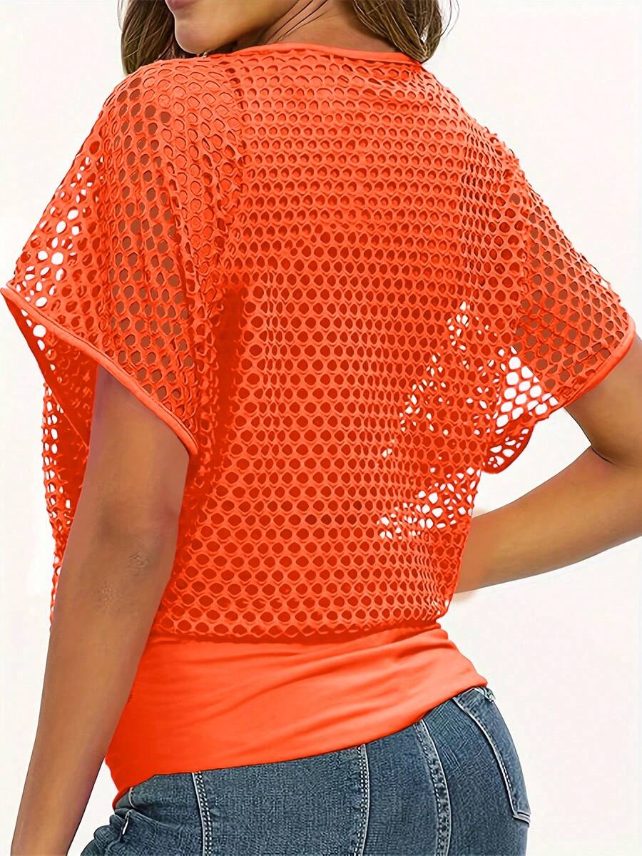 2pcs Women's Neon Orange Casual Fashionable Vacation Off-Shoulder Fishnet Cover-Up T-Shirt + Camisole Set, Spring/Summer - Burnt Orange - View 1