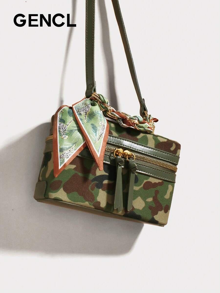 High-End Chic Retro Mini Cube Handbag, Soft Suede Crossbody Bag With Decor Silk Scarf Tassel, Stylish Chain Shoulder Bag For Women Summer Outfit - 軍綠色 - 查看 1