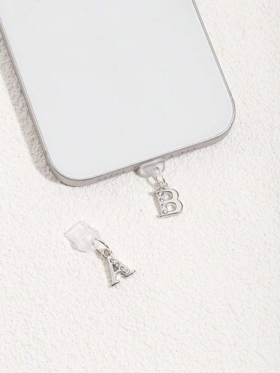 Cute Sparkle Rhinestone 1pc Initial Letter Phone Dust Plug Crystal Alphabet Pendant Charging Port Charm For IPhone & Type-C Phones Birthday Gift - Multicolor - View 1
