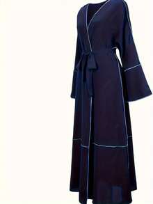 Ramadan Contrast Trim V-Neck Belted Abayas, Elegant Flare Sleeve Maxi Length Dress, Women's Clothing - Royal Blue - View 3