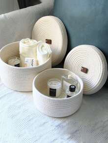 Panier de rangement tressé rond avec couvercle, panier de rangement décoratif multifonctionnel pour le bureau pour les collations, les serviettes, les plantes, les jouets, les cosmétiques, la décoration de la maison, un excellent cadeau pour les femmes à Pâques - Blanc - Voir 1